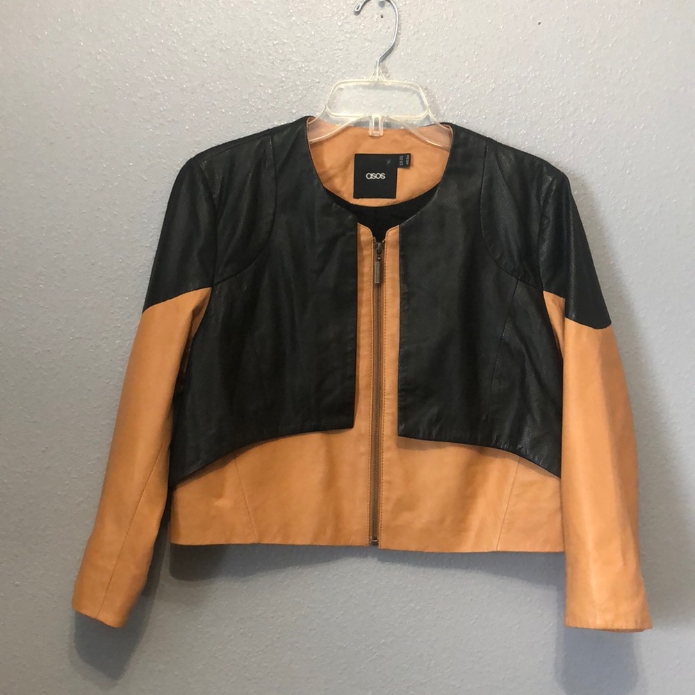 asos REAL Leather jacket Women's 12 camel brown black zip front crop coat EUC
